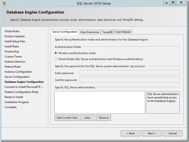 SQL Server 2016 Database Engine Configuration